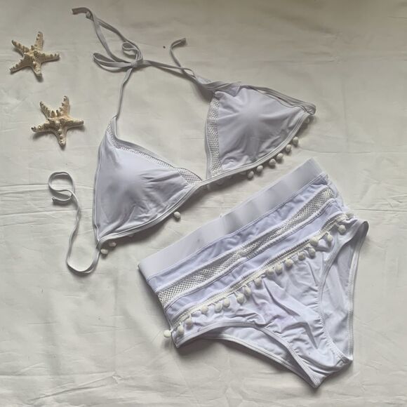 ☀️ White Pom Pom Triangle Halter Bikini Top☀️ - Picture 7 of 11